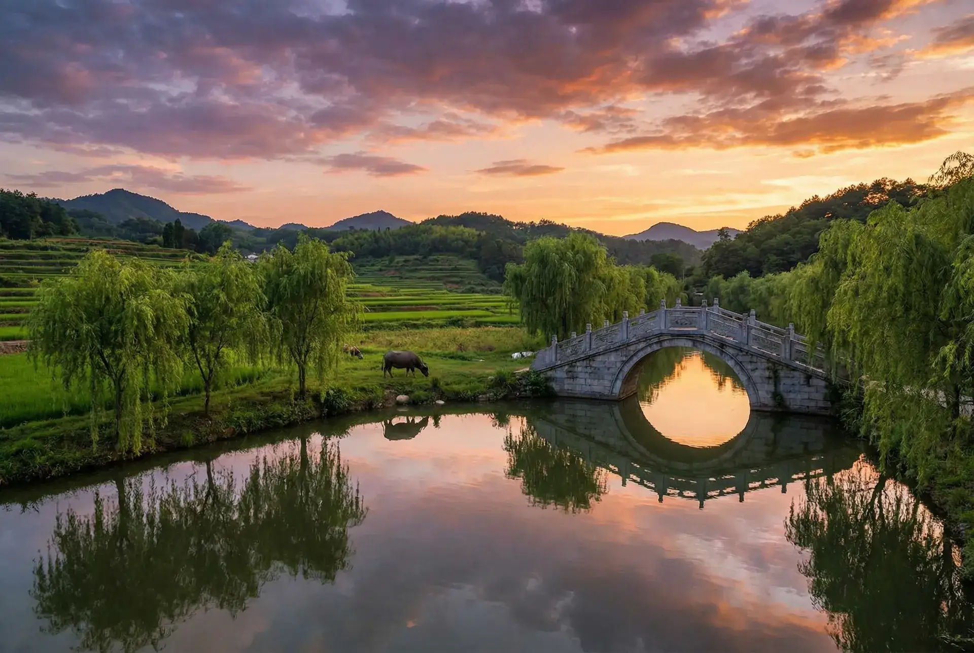 夕阳下的石拱桥与垂柳，水牛在河边吃草 - 中文字幕天堂中文 乡村美景
